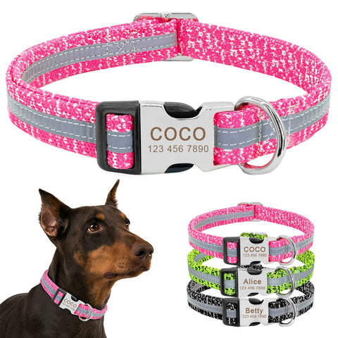 Dog Collar Personalized Reflective, Custom Engraved Name Tag Collar Anti-lost Nylon